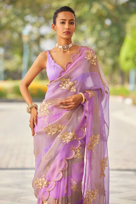 Vvani By Vani Vats_Multi Color Organza, Satin, Lycra Applique, Floral Panelled Saree With Blouse _at_Aza_Fashions