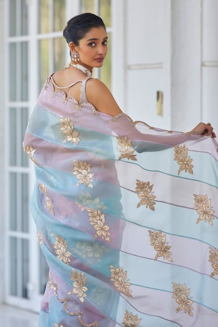 Shop Vvani By Vani Vats Pink Organza, Satin, Lycra Applique, Embroidery Hand Panelled Saree With Blouse at Aza Fashions Shop_Vvani By Vani Vats_Pink Organza, Satin, Lycra Applique, Embroidery Hand Panelled Saree With Blouse _at_Aza_Fashions