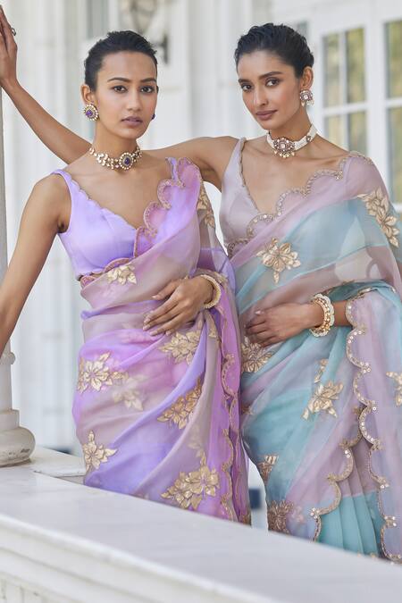 Vvani By Vani Vats Pink Organza, Satin, Lycra Applique, Embroidery Hand Panelled Saree With Blouse Online at Aza Fashions Vvani By Vani Vats_Pink Organza, Satin, Lycra Applique, Embroidery Hand Panelled Saree With Blouse _Online_at_Aza_Fashions