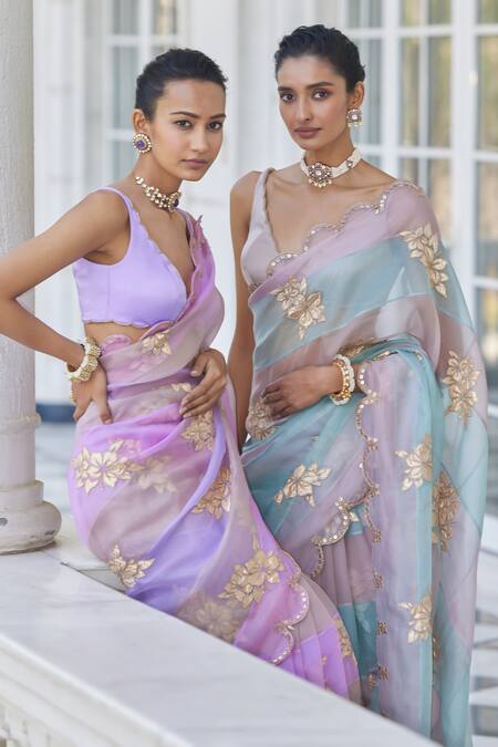 Buy Vvani By Vani Vats Pink Organza, Satin, Lycra Applique, Embroidery Hand Panelled Saree With Blouse Online at Aza Fashions Buy_Vvani By Vani Vats_Pink Organza, Satin, Lycra Applique, Embroidery Hand Panelled Saree With Blouse _Online_at_Aza_Fashions
