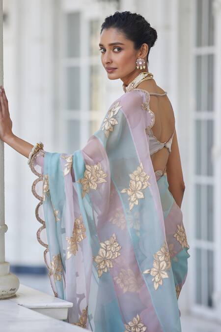 Vvani By Vani Vats Pink Organza, Satin, Lycra Applique, Embroidery Hand Panelled Saree With Blouse at Aza Fashions Vvani By Vani Vats_Pink Organza, Satin, Lycra Applique, Embroidery Hand Panelled Saree With Blouse _at_Aza_Fashions