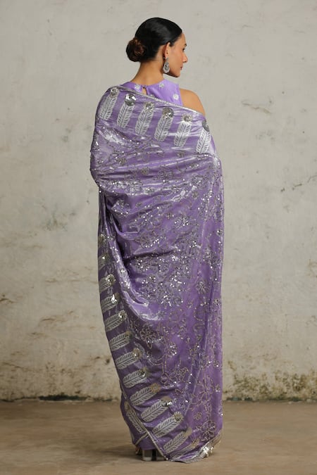 Shop Saksham & Neharicka Purple Chanderi, Cotton Sequins, Embroidery Pansy Hand Saree With Blouse at Aza Fashions Shop_Saksham & Neharicka_Purple Chanderi, Cotton Sequins, Embroidery Pansy Hand Saree With Blouse _at_Aza_Fashions