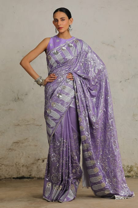 Saksham & Neharicka Purple Chanderi, Cotton Sequins, Embroidery Pansy Hand Saree With Blouse Online at Aza Fashions Saksham & Neharicka_Purple Chanderi, Cotton Sequins, Embroidery Pansy Hand Saree With Blouse _Online_at_Aza_Fashions