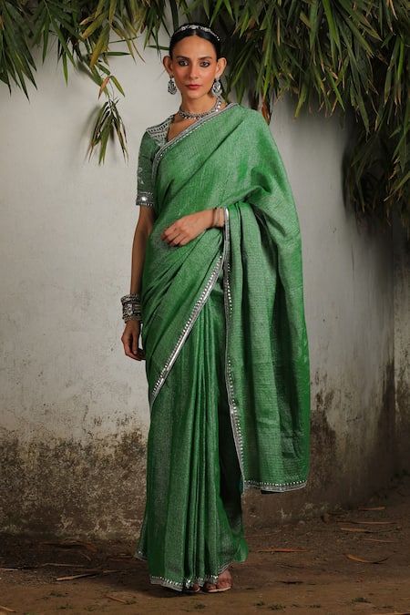 SAKSHAM & NEHARICKA Green Cotton Zari Hand Embroidered Floral Plunged Border Saree With Blouse 