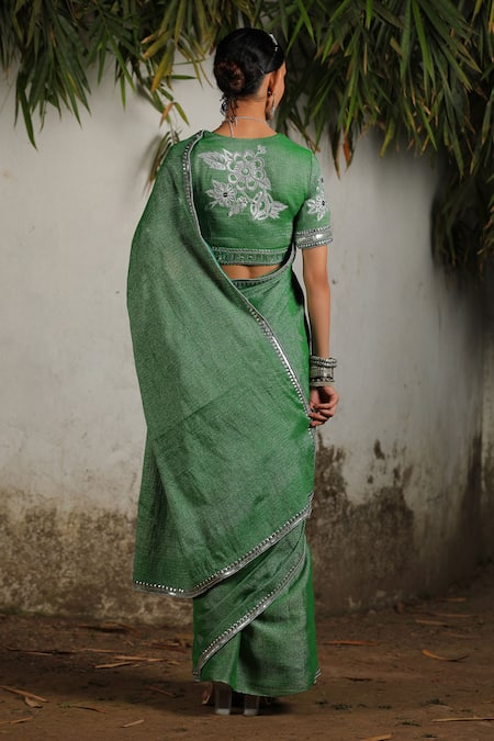 Shop Saksham & Neharicka Green Cotton Embroidery, Sequins Plunge Neck Border Zari Saree With Blouse at Aza Fashions Shop_Saksham & Neharicka_Green Cotton Embroidery, Sequins Plunge Neck Border Zari Saree With Blouse_at_Aza_Fashions