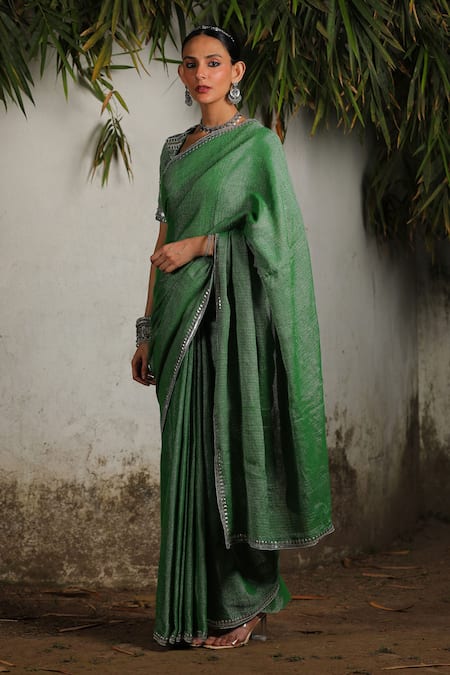 Saksham & Neharicka Green Cotton Embroidery, Sequins Plunge Neck Border Zari Saree With Blouse Online at Aza Fashions Saksham & Neharicka_Green Cotton Embroidery, Sequins Plunge Neck Border Zari Saree With Blouse_Online_at_Aza_Fashions