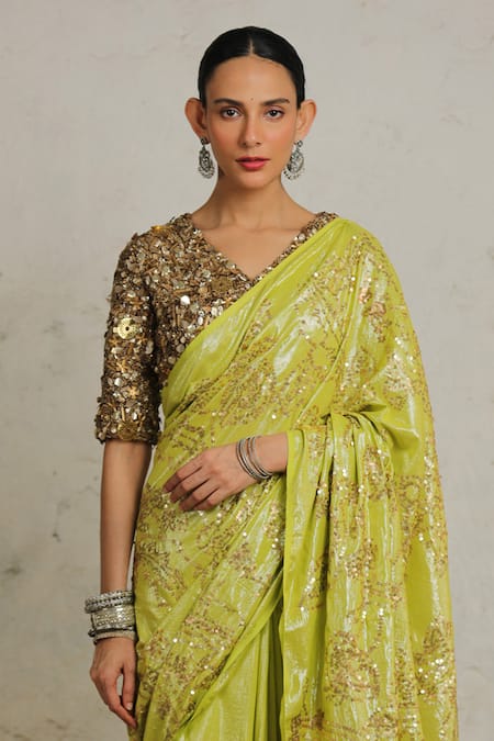 Saksham & Neharicka_Green Cotton, Lurex Sequins Lebu Embroidered Saree With Unstitched Blouse Piece _Online_at_Aza_Fashions