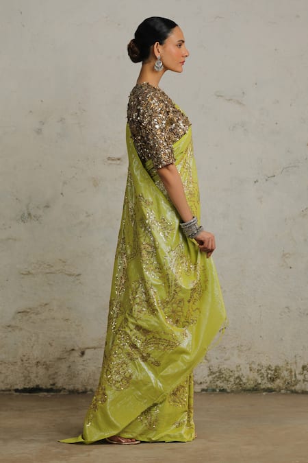 Buy_Saksham & Neharicka_Green Cotton, Lurex Sequins Lebu Embroidered Saree With Unstitched Blouse Piece _Online_at_Aza_Fashions