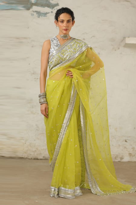 Saksham & Neharicka_Green Organza Embroidery Aami Saree With Unstitched Blouse Piece _Online_at_Aza_Fashions