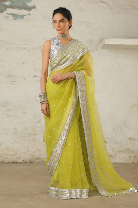 Buy_Saksham & Neharicka_Green Organza Embroidery Aami Saree With Unstitched Blouse Piece _Online_at_Aza_Fashions