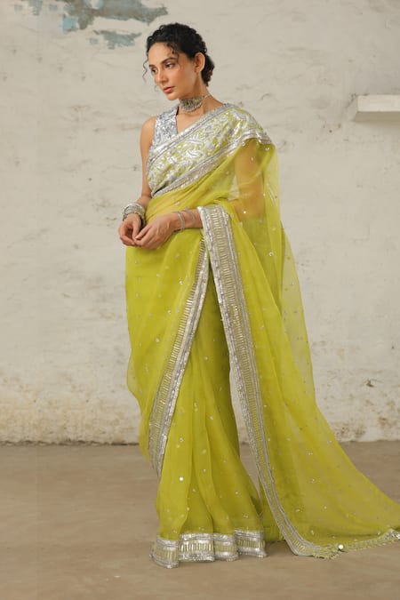 Shop_Saksham & Neharicka_Green Organza Embroidery Aami Saree With Unstitched Blouse Piece _Online_at_Aza_Fashions