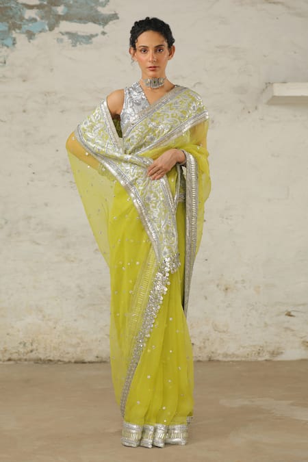 Saksham & Neharicka_Green Organza Embroidery Aami Saree With Unstitched Blouse Piece _at_Aza_Fashions