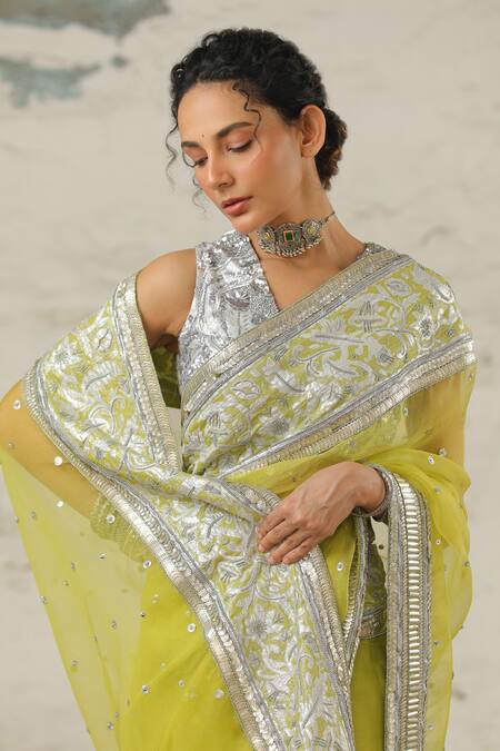 Buy_Saksham & Neharicka_Green Organza Embroidery Aami Saree With Unstitched Blouse Piece 