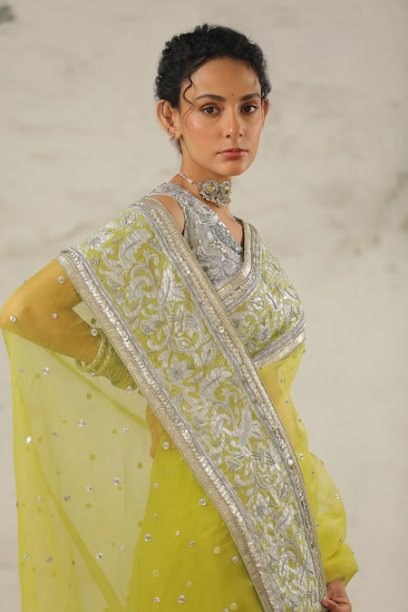 Shop_Saksham & Neharicka_Green Organza Embroidery Aami Saree With Unstitched Blouse Piece 