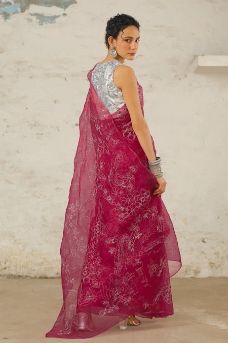 Saksham & Neharicka Peony Floral Jaal Work Saree With Unstitched Blouse Piece 