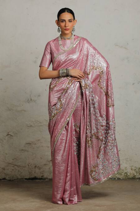 Saksham & Neharicka Pink Cotton, Lurex Usher Hand Embroidered Saree With Unstitched Blouse Piece Online at Aza Fashions Saksham & Neharicka_Pink Cotton, Lurex Usher Hand Embroidered Saree With Unstitched Blouse Piece _Online_at_Aza_Fashions