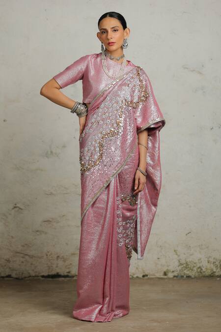 Shop Saksham & Neharicka Pink Cotton, Lurex Usher Hand Embroidered Saree With Unstitched Blouse Piece Online at Aza Fashions Shop_Saksham & Neharicka_Pink Cotton, Lurex Usher Hand Embroidered Saree With Unstitched Blouse Piece _Online_at_Aza_Fashions