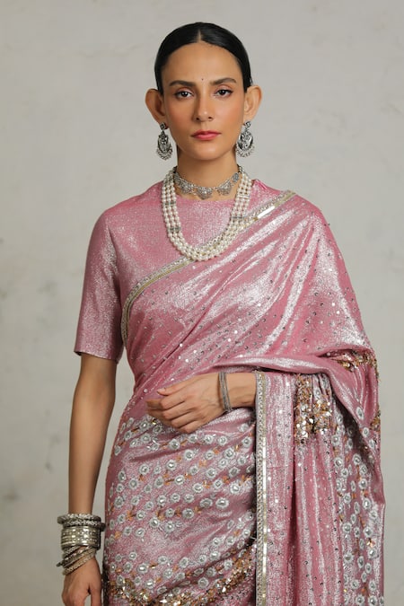 Saksham & Neharicka Pink Cotton, Lurex Usher Hand Embroidered Saree With Unstitched Blouse Piece at Aza Fashions Saksham & Neharicka_Pink Cotton, Lurex Usher Hand Embroidered Saree With Unstitched Blouse Piece _at_Aza_Fashions