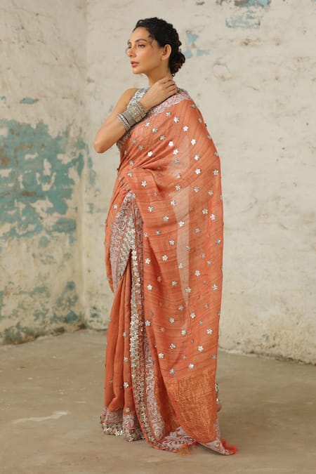 Saksham & Neharicka Orange Tussar Applique Copper Embroidered Saree With Unstitched Blouse Piece Online at Aza Fashions Saksham & Neharicka_Orange Tussar Applique Copper Embroidered Saree With Unstitched Blouse Piece _Online_at_Aza_Fashions