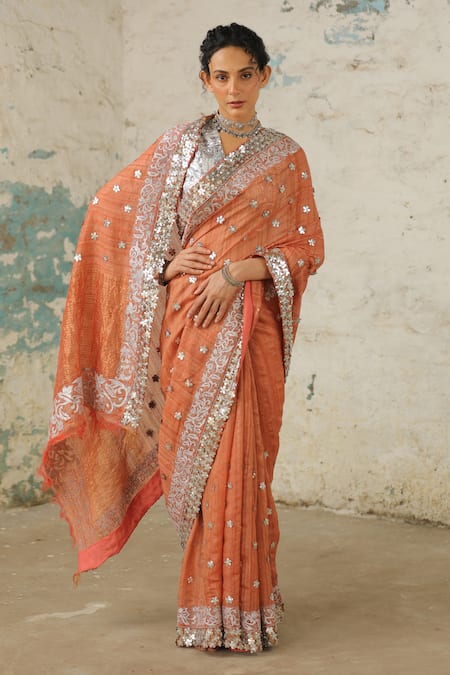 Buy Saksham & Neharicka Orange Tussar Applique Copper Embroidered Saree With Unstitched Blouse Piece Online at Aza Fashions Buy_Saksham & Neharicka_Orange Tussar Applique Copper Embroidered Saree With Unstitched Blouse Piece _Online_at_Aza_Fashions