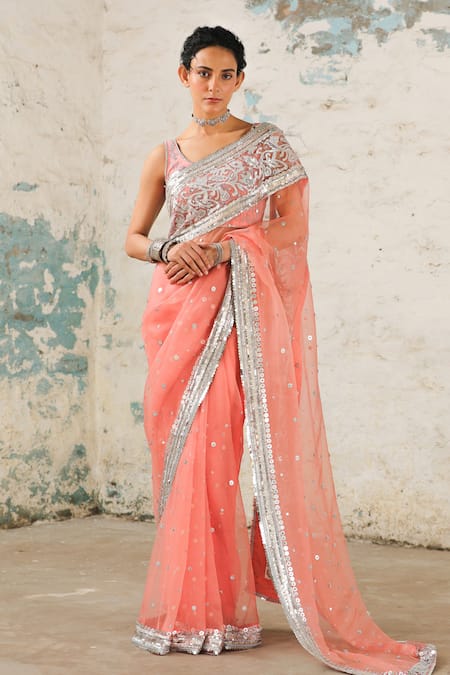 SAKSHAM & NEHARICKA Coral Organza Hand Embroidered Applique Saree With Unstitched Blouse Piece 