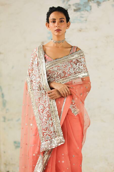 Saksham & Neharicka_Coral Organza Zari Applique Saree With Unstitched Blouse Piece _Online_at_Aza_Fashions