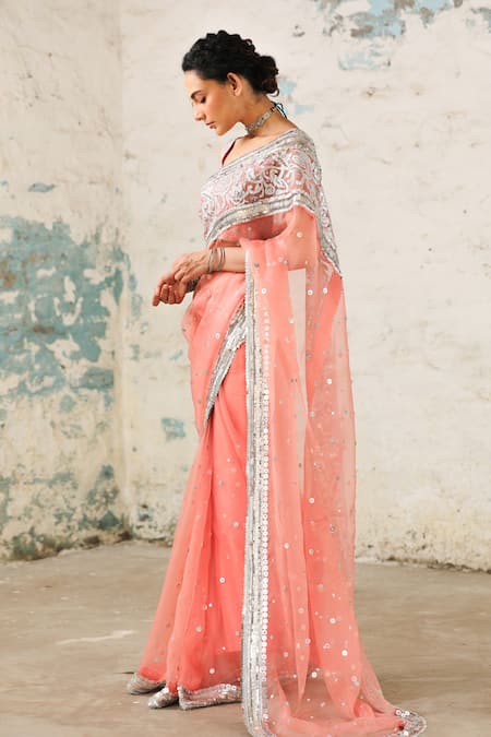Buy_Saksham & Neharicka_Coral Organza Zari Applique Saree With Unstitched Blouse Piece _Online_at_Aza_Fashions