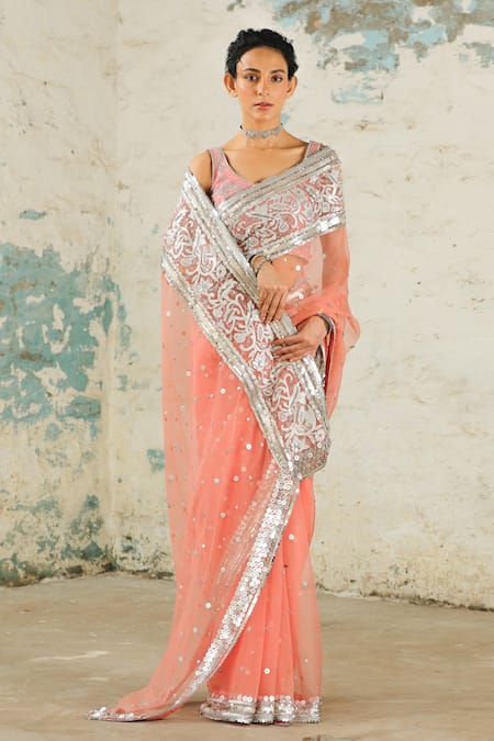 Shop_Saksham & Neharicka_Coral Organza Zari Applique Saree With Unstitched Blouse Piece _Online_at_Aza_Fashions