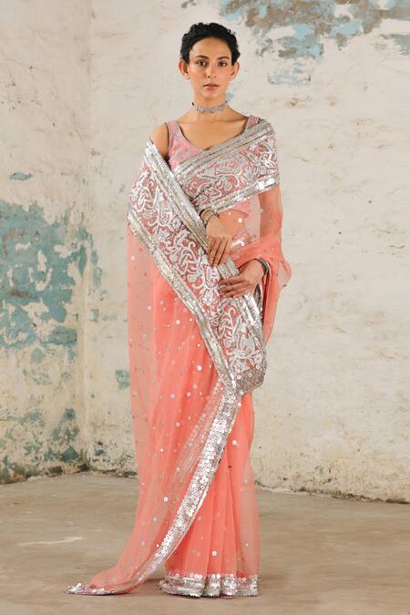 Saksham & Neharicka_Coral Organza Zari Applique Saree With Unstitched Blouse Piece _at_Aza_Fashions