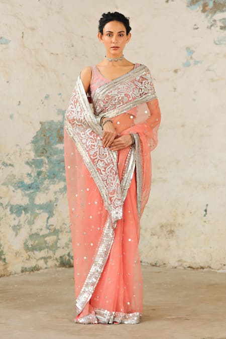Buy_Saksham & Neharicka_Coral Organza Zari Applique Saree With Unstitched Blouse Piece 