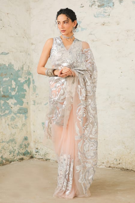 Buy_Saksham & Neharicka_Peach Organza, Chanderi Embroidery V-neck The Kokapur Saree With Blouse _Online_at_Aza_Fashions