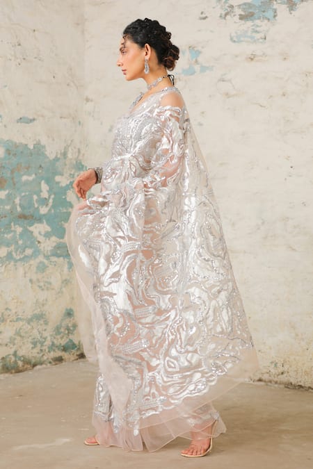 Shop_Saksham & Neharicka_Peach Organza, Chanderi Embroidery V-neck The Kokapur Saree With Blouse _Online_at_Aza_Fashions