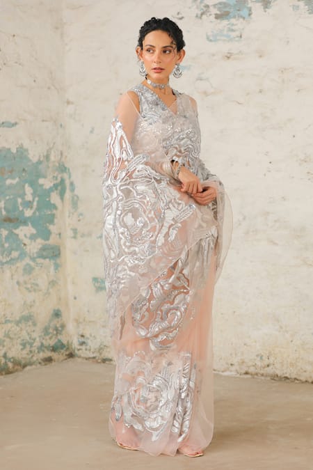 Shop_Saksham & Neharicka_Peach Organza, Chanderi Embroidery V-neck The Kokapur Saree With Blouse 