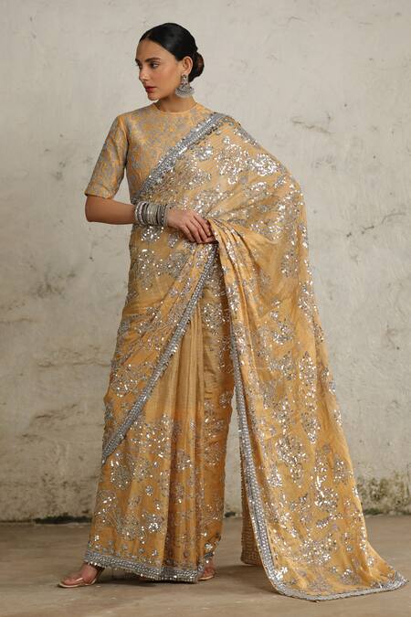 Saksham & Neharicka_Yellow Chanderi Hand Embroidered Floral Jaal Closed Neck Blouse _Online_at_Aza_Fashions