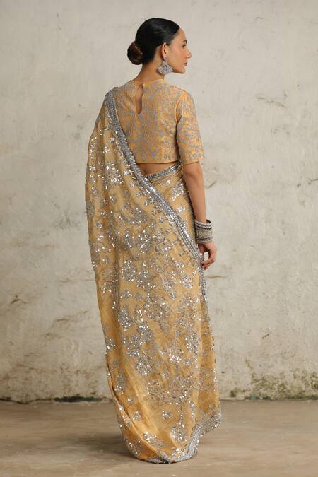 Buy_Saksham & Neharicka_Yellow Chanderi Hand Embroidered Floral Jaal Closed Neck Blouse _Online_at_Aza_Fashions