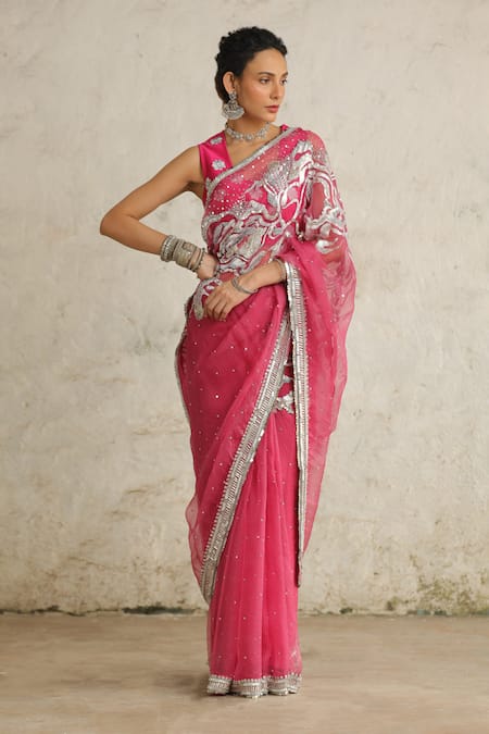 Saksham & Neharicka_Pink Chanderi Embroidery, Zari Round Neck Cosmos Hand Blouse _Online_at_Aza_Fashions