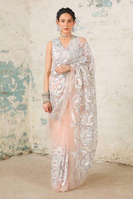 Saksham & Neharicka Silver Net Embroidery, Zari V-neck Koka Hand Blouse Online at Aza Fashions Saksham & Neharicka_Silver Net Embroidery, Zari V-neck Koka Hand Blouse _Online_at_Aza_Fashions