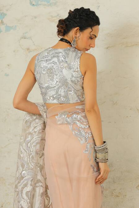 Buy Saksham & Neharicka Silver Net Embroidery, Zari V-neck Koka Hand Blouse Online at Aza Fashions Buy_Saksham & Neharicka_Silver Net Embroidery, Zari V-neck Koka Hand Blouse _Online_at_Aza_Fashions