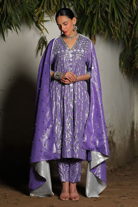 SAKSHAM & NEHARICKA Purple Cotton Lurex Hand Embroidered Sequins V Neck Aster Kurta Pant Set 