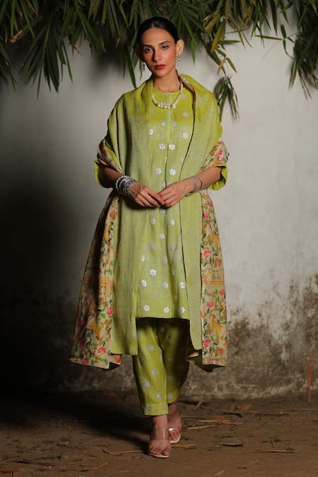 SAKSHAM & NEHARICKA Chanderi Hand Embroidered Lime Kurta Set Closed Neck Lebu Pant 