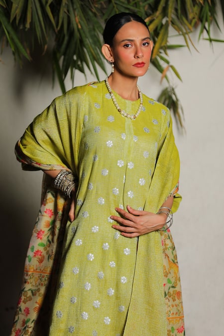 Saksham & Neharicka_Green Chanderi Embroidery Collared Lebu Hand Kurta Pant Set_Online_at_Aza_Fashions
