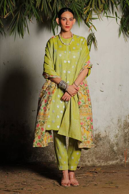 Buy_Saksham & Neharicka_Green Chanderi Embroidery Collared Lebu Hand Kurta Pant Set_Online_at_Aza_Fashions
