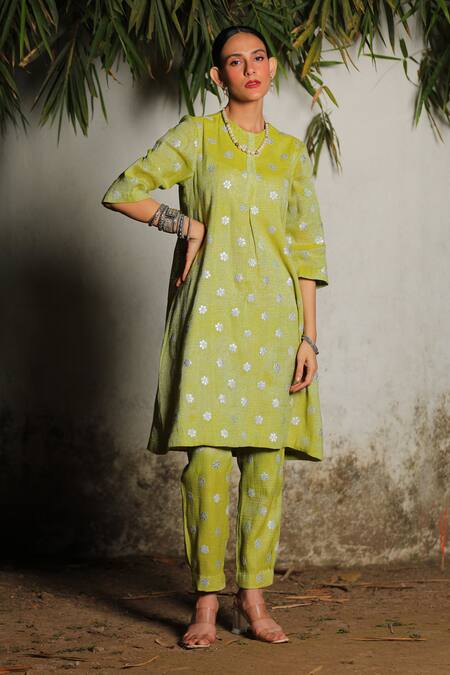 Shop_Saksham & Neharicka_Green Chanderi Embroidery Collared Lebu Hand Kurta Pant Set_Online_at_Aza_Fashions