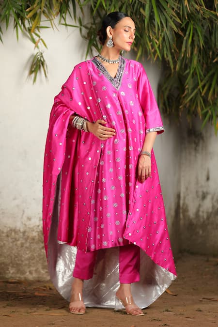 Shop_Saksham & Neharicka_Pink Chanderi Embroidery V-neck Hand Kurta Pant Set _Online_at_Aza_Fashions