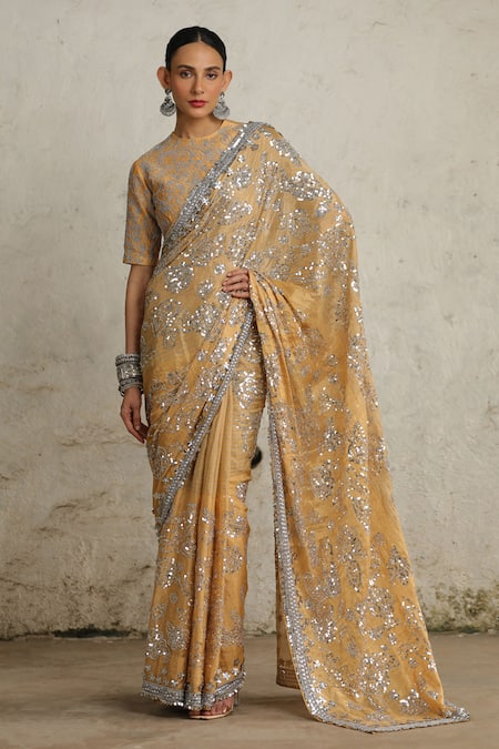 Saksham & Neharicka_Gold Tissue Metallic Thread, Sequins, Rajkumari Hand Saree With Blouse_Online_at_Aza_Fashions