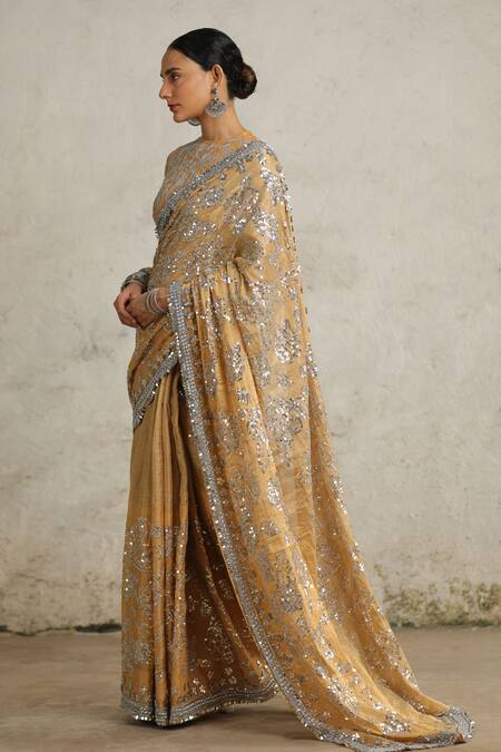 Buy_Saksham & Neharicka_Gold Tissue Metallic Thread, Sequins, Rajkumari Hand Saree With Blouse_Online_at_Aza_Fashions
