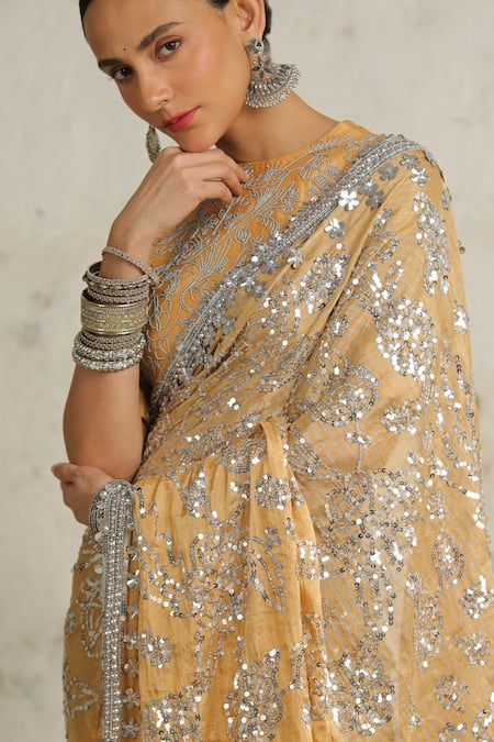 Shop_Saksham & Neharicka_Gold Tissue Metallic Thread, Sequins, Rajkumari Hand Saree With Blouse_Online_at_Aza_Fashions