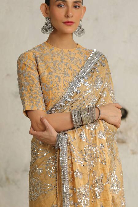 Saksham & Neharicka_Gold Tissue Metallic Thread, Sequins, Rajkumari Hand Saree With Blouse_at_Aza_Fashions
