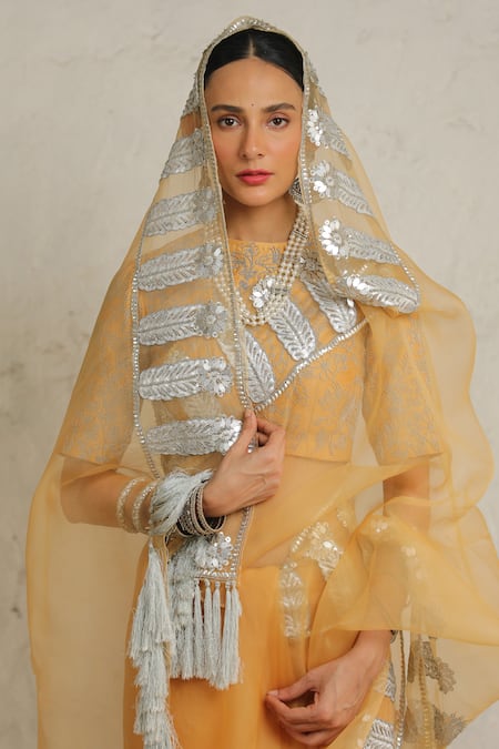 Saksham & Neharicka_Yellow Organza Applique, Embroidery Collared Maharani Hand Saree With Blouse _Online_at_Aza_Fashions