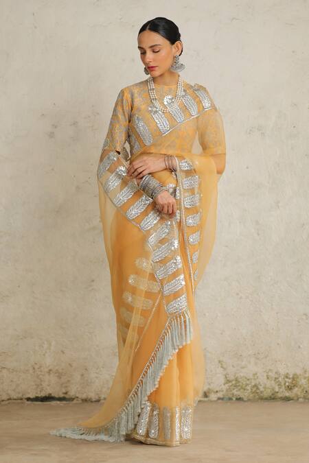 Buy_Saksham & Neharicka_Yellow Organza Applique, Embroidery Collared Maharani Hand Saree With Blouse _Online_at_Aza_Fashions